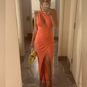Revolve backless and high slit wedding guest gown. Coral